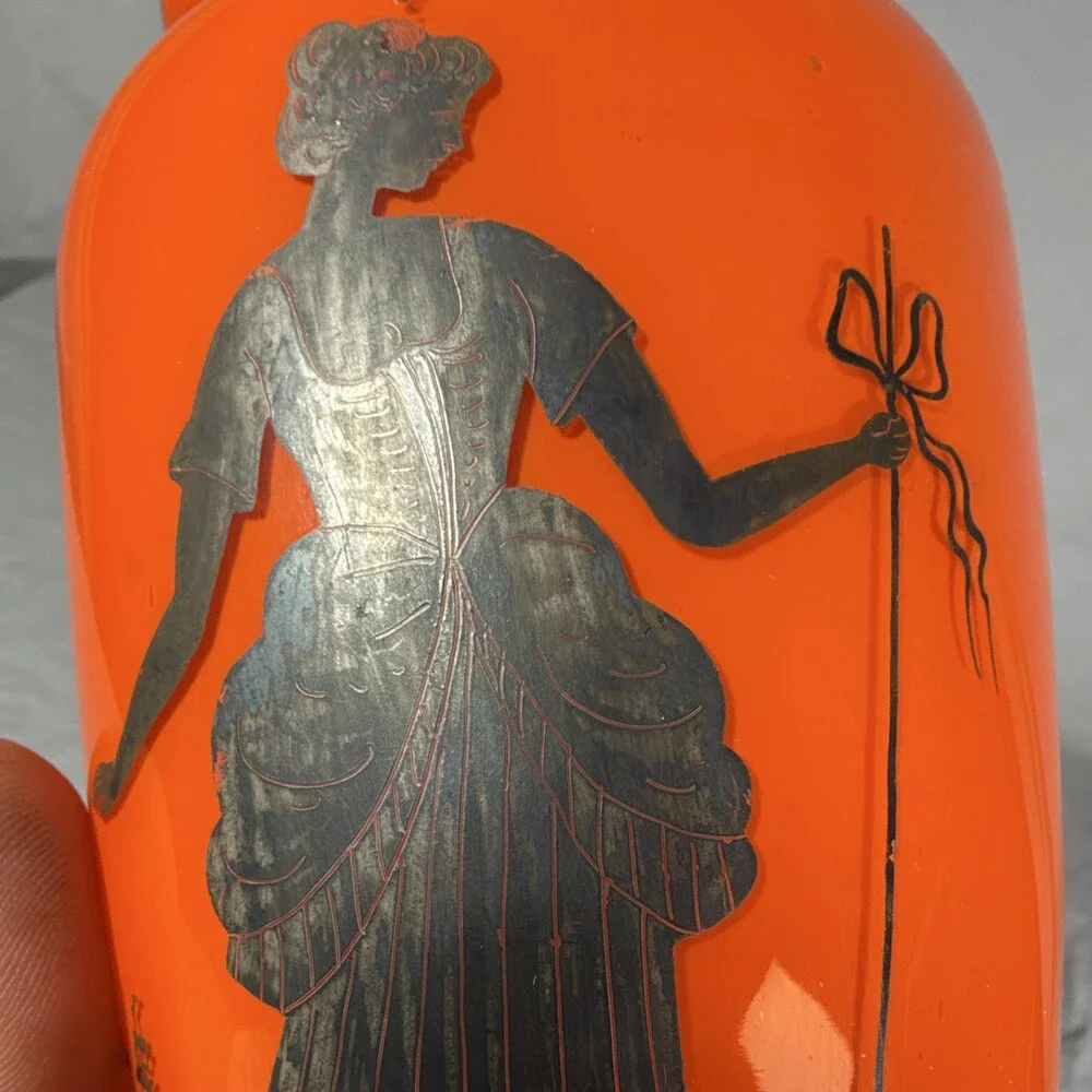 Vintage Art Deco Czech Tango Glass Vase Orange Enamel Silhouette Silver Rim 1920